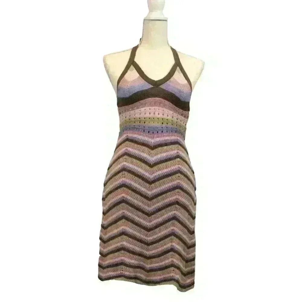 Pink Rose Multicolor Striped Crochet Tank Mini Dress – XS (Y2K/Boho)